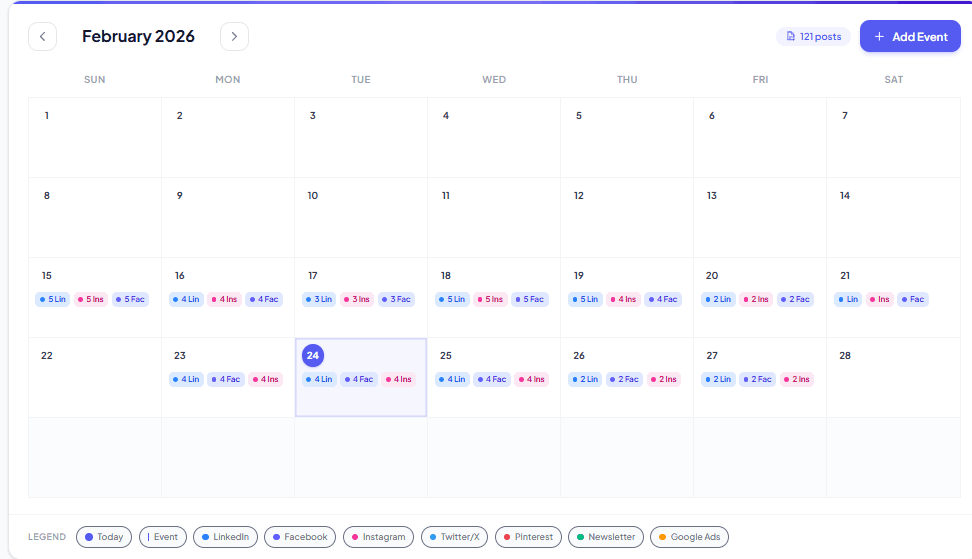 Postbotics Campaign Calendar showing scheduled content across platforms